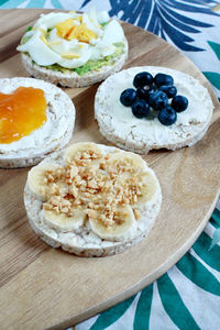 High angle view of breakfast served on table