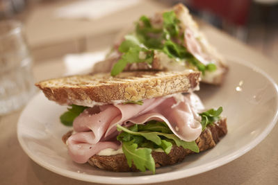Close-up of breakfast served on table