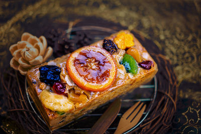High angle view of breakfast on table