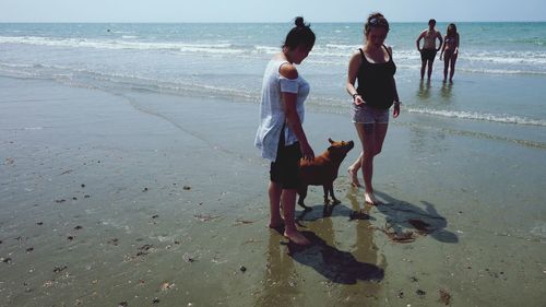 Women with dog walking at beach