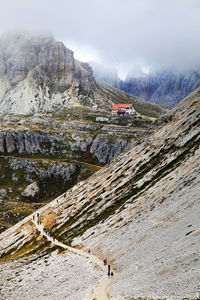 Scenic view of dolomites against cloudy sky
