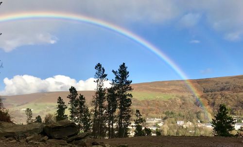 Scenic view of rainbow over landscape against sky