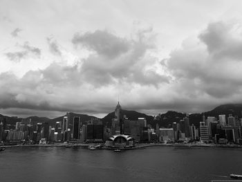 Bridge over river and buildings against sky