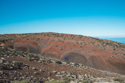 Scenic view of desert against clear blue sky