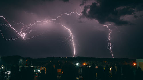 Panoramic shot of illuminated cityscape against dramatic sky