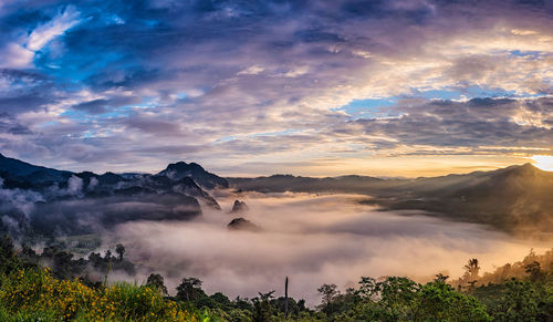 Scenic view of mountains against cloudy sky