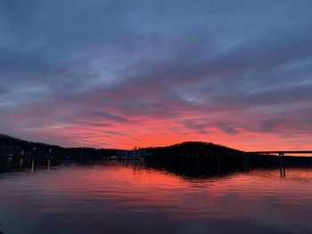 Scenic view of lake against romantic sky at sunset