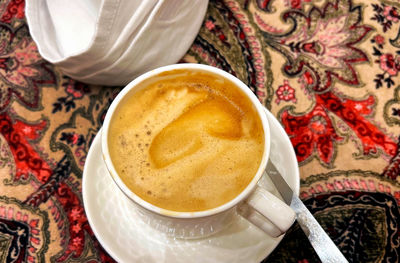 High angle view of coffee on table