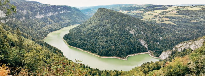 High angle view of trees and mountains