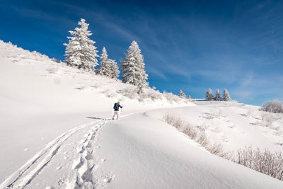 Person skiing on snowcapped mountain against sky