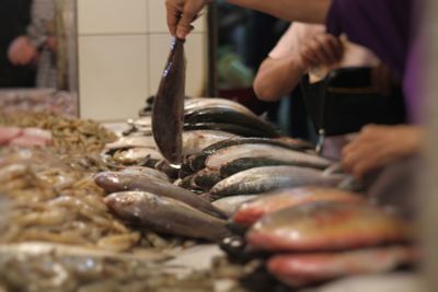 Cropped hand holding fish in market