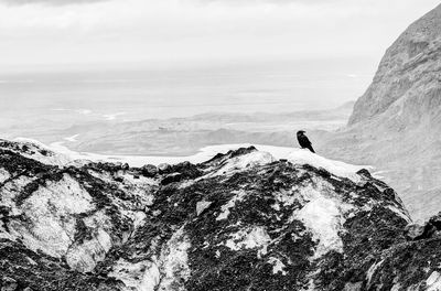 Man standing on cliff by sea against sky