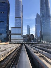 Railroad tracks amidst buildings in city against sky