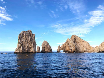 Panoramic view of sea and rocks against blue sky