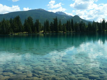 Scenic view of lake and mountains against sky