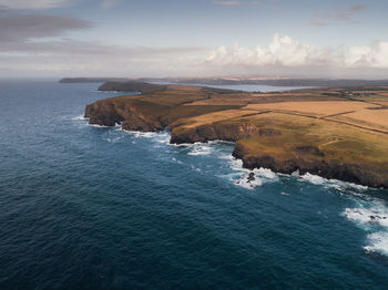 A drone shot of the north cornwall coast near trevone