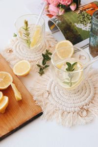 High angle view of fruits served on table