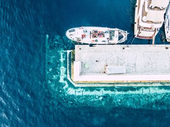 High angle view of ships moored on sea