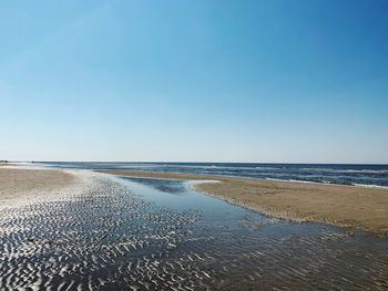 Scenic view of beach against clear blue sky