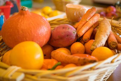 Close-up of fruits in basket for sale at market