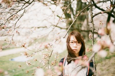 Portrait of woman standing by cherry tree in park