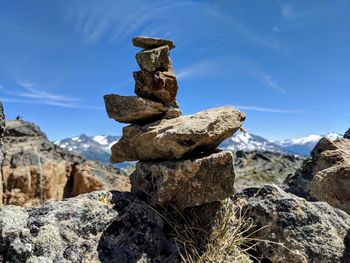 Stack of rocks against scenic sky