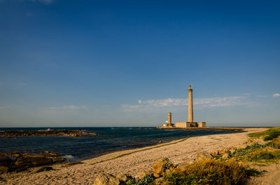 Lighthouse by sea against sky