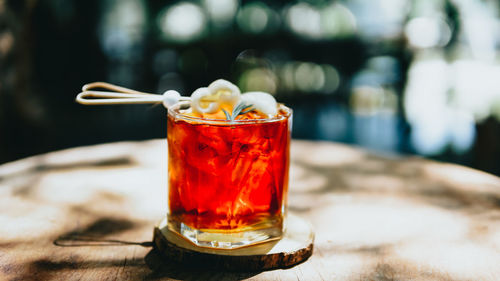 Close-up of tea in glass on table