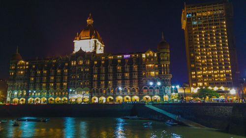 Reflection of illuminated buildings in water at night