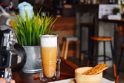 Close-up of beer in glass on table