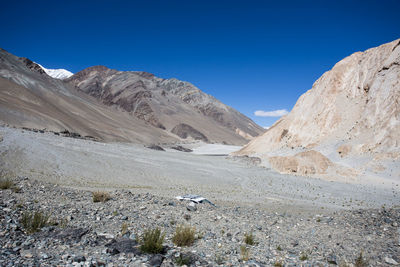 Scenic view of snowcapped mountains against clear blue sky