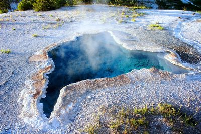 High angle view of steam emitting from hot spring
