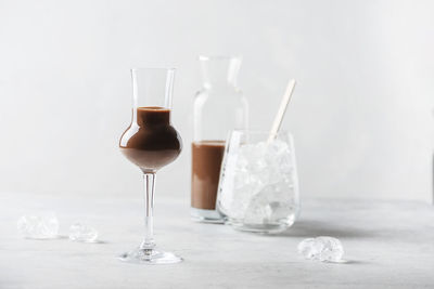 Close-up of wineglass on table against white background