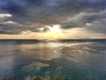 Scenic view of sea against dramatic sky