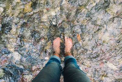 Low section of person standing on river