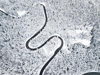 Aerial view of winding road in high mountain pass trough pine woods snowed