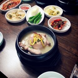 High angle view of meal served on table