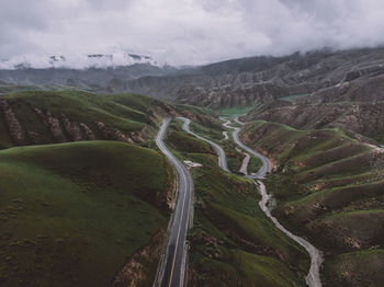 Aerial view of winding road on landscape against sky