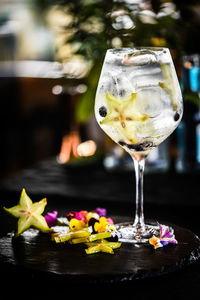 Tonic gin beverage with fresh fruits and spices