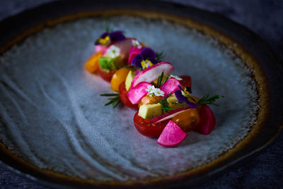 High angle view of food in plate on table