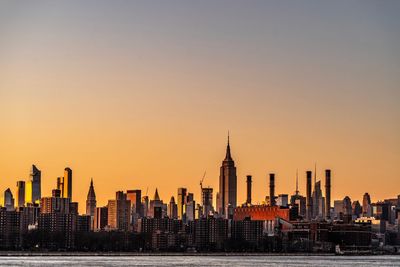 View of buildings against clear sky during sunset