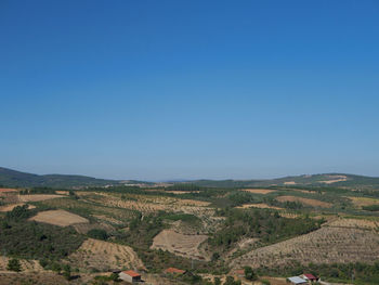 Scenic view of landscape against clear blue sky