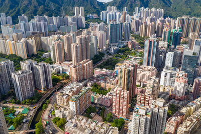 High angle view of modern buildings in city