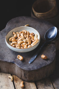 High angle view of cashews on table