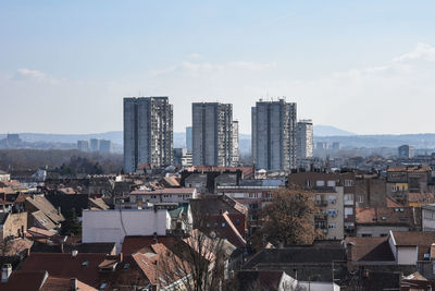 High angle view of buildings against sky