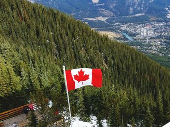 Red flags on mountain by lake against sky