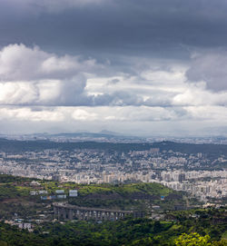 High angle view of city buildings against sky