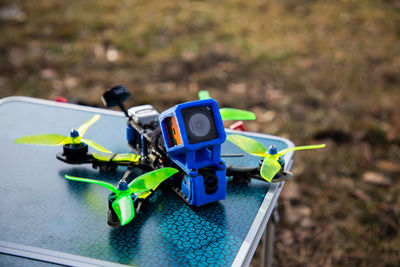 Close-up of toy car on field