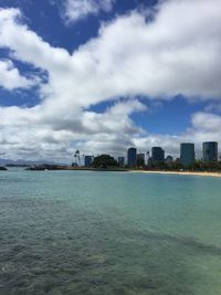 Buildings in city against cloudy sky