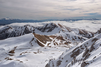 Scenic view of snowcapped mountains against sky during sunset